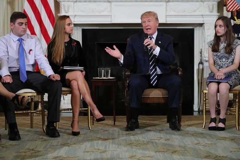 President Trump speaks during a listening session with Marjory Stoneman Douglas High School students at the White House February 21, 2018 in Washington, DC.